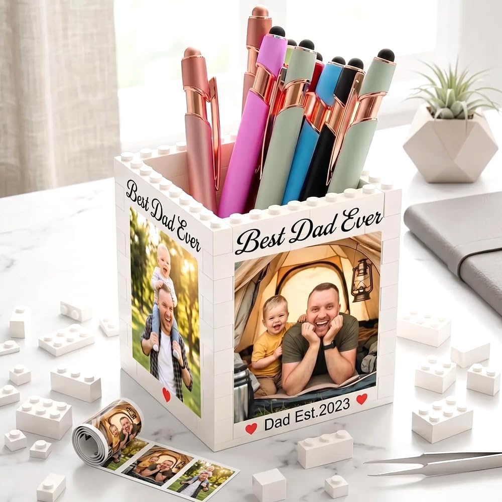 Personalized Dad Brick Photo Pencil Holder, Custom Best Dad Ever Desk Organizer With Picture And Kids Names, Fathers Day Gift For Dad, Photo Pen Holder Keepsake, Office Desk Decor For Daddy Grandpa