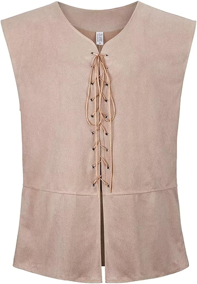 Viking Costume Men Medieval Vest Pirate Lace-Up Renaissance Waistcoat Gothic Steampunk Retro Victorian Halloween Beige S