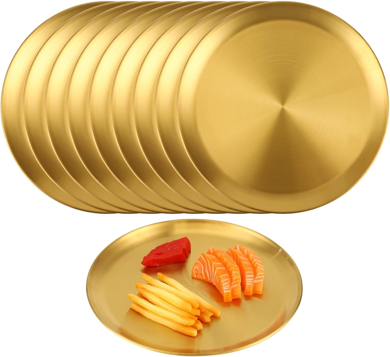 10 Pcs 10 Inch Golden Stainless Steel Plates, Round Shallow Dish Dinnerware, Food Serving Tray For Home, Party, Restaurant