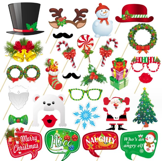Veewon 29pcs Christmas Photo Booth Props Kit Selfie Props Red Green Merry Christmas Party Photo Props Decoration Supplies