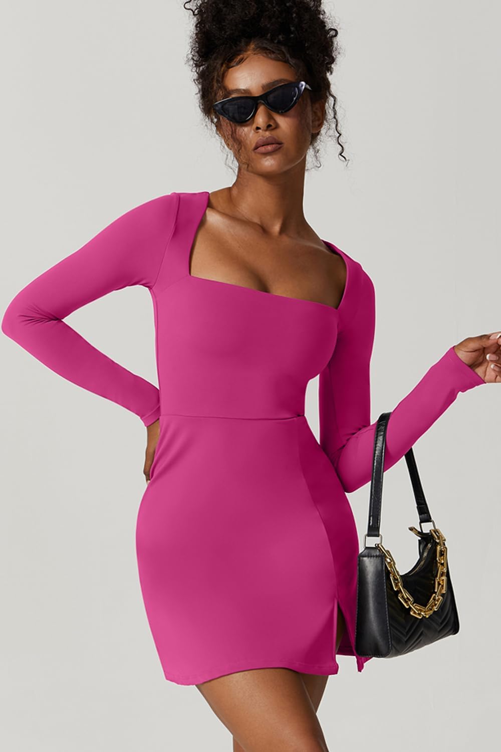 QINSEN Womens Square Neck Bodice Dress Long Sleeve Side Slit Flare Mini Dresses - Image 5