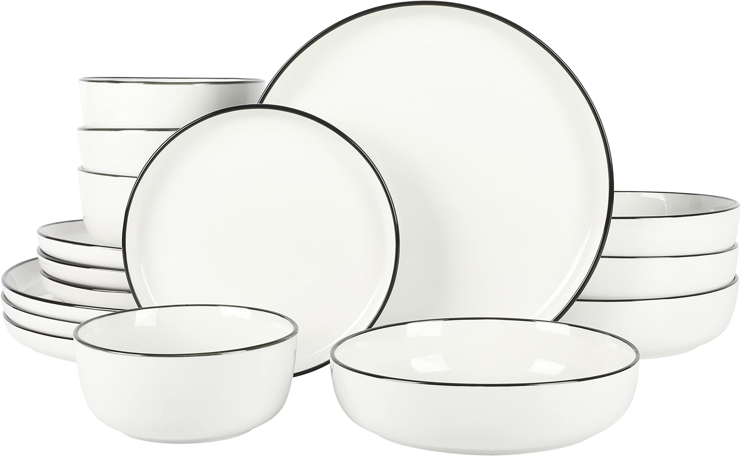 Oslo 16-Piece Porcelain Dinnerware Set, Service for 4 – White Plates with Black Rim, Microwave & Dishwasher Safe
