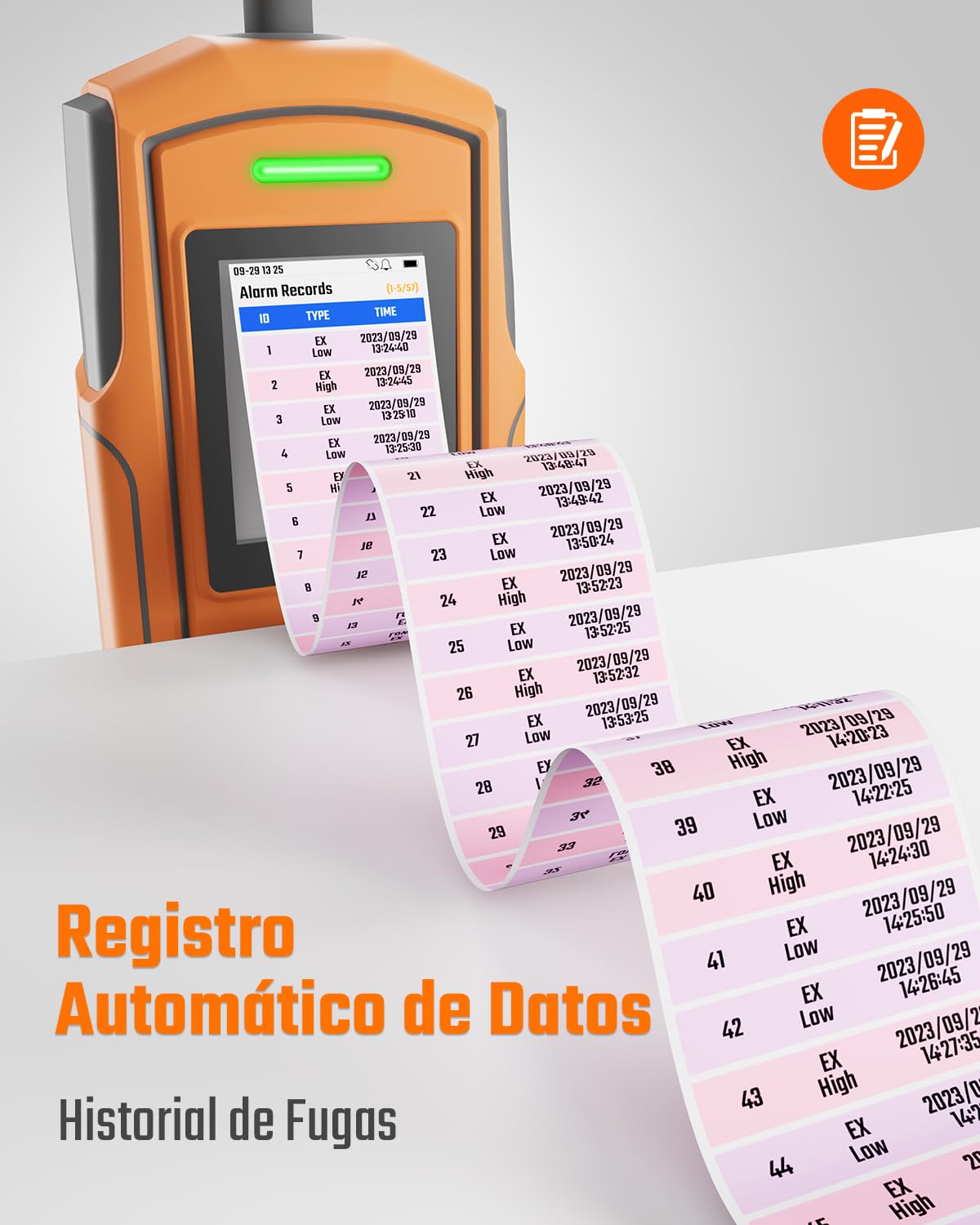 TopTes Detector De Gas Recargable PT-990 con Sonda Flexible de 28 cm, Rango de Detección 0–10,000 ppm, Registro de Datos y 3 Tipos de Alarma, Detector de Fugas de Gas para Propano, Metano - Naranja
