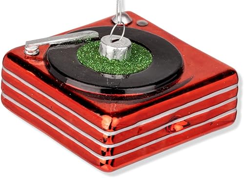 Miniatura 1 de The Bridge Collection Adorno de tocadiscos de cristal de 3 pulgadas, adorno navideño nostálgico retro para tocadiscos de vinilo rojo