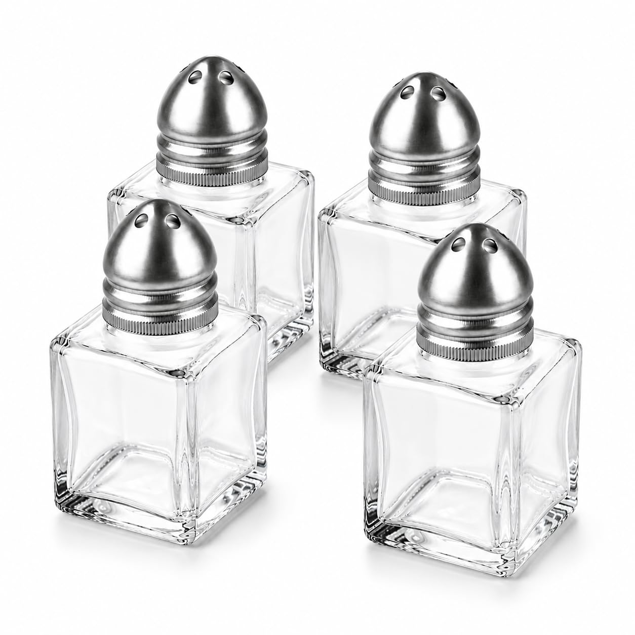 ADAPTOLL Mini Cam Tuzluk Biberlik Seti Kare Baharatlık Paslanmaz Çelik Kapaklı Şeffaf Cam Sofra Tuzluk Baharat Kabı Modern Dekoratif Tuzluk Biberlik Takımı (4)