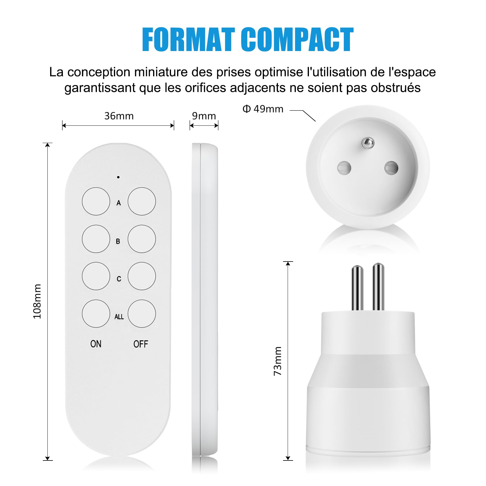 4 Mini-Steckdosen, programmierbar, Fernbedienung, kabellos, 40 m Reichweite, Plug and Play, 2300 W, 10 A, zwei CR2032-Batterien kostenlos, Weiß