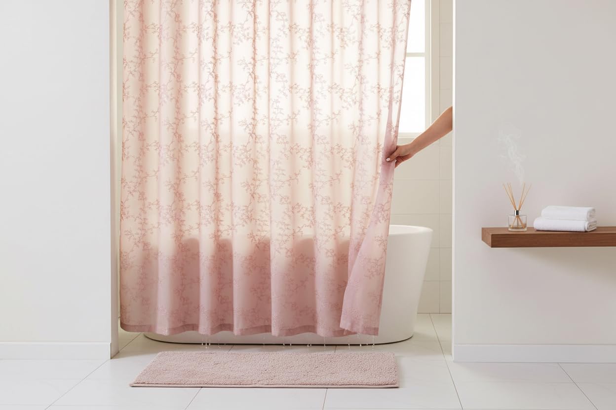 Serafina Home Decorative Sheer Fabric Shower Curtain for Bathroom: Embroidered Botanical Design Metallic Silver Lined (Blush/Blush)