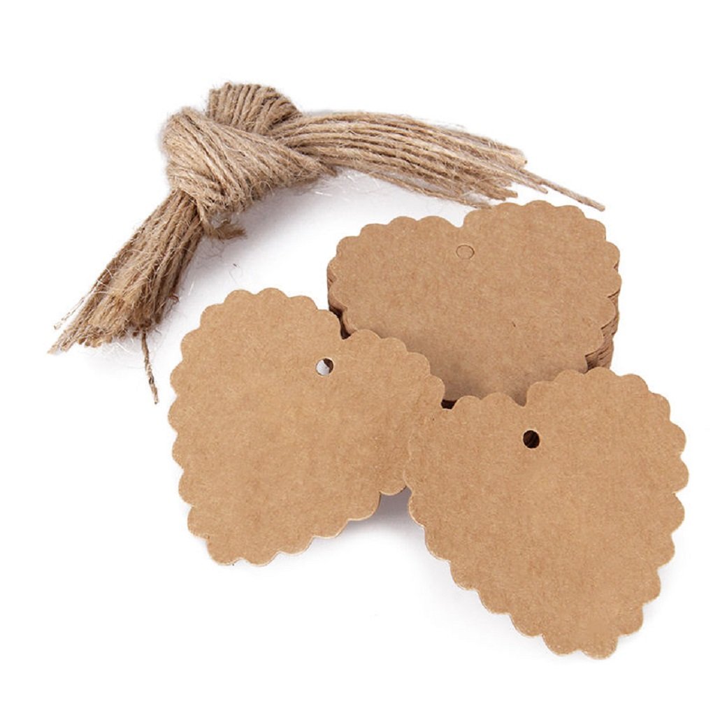 Aka Heart-Brown Aka® 100Pcs Christmas Kraft Paper Gift Tags Price Wedding Scallop Label Blank Luggage (Heart-Brown)