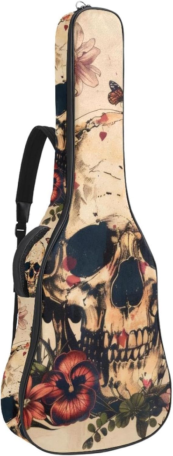Acoustic Guitar Bag, 40 41 42 Inch Guitar Case Cover Soft Guitar Gig Bag for Acoustic Electric Bass Classical Guitar, Retro Skull Floral Plant Butterflies