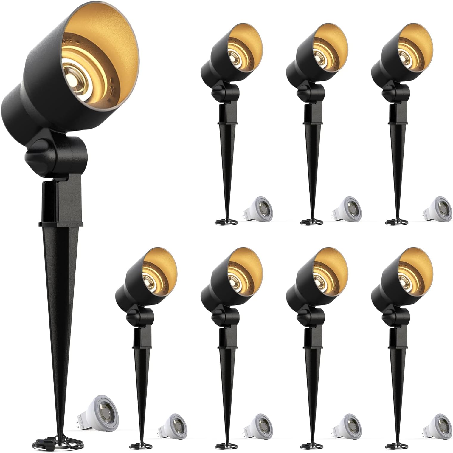 GOODSMANNLow Voltage Landscape Flood Lights 8PK Kit 3W LED 200 Lumen Outdoor Spotlights 3000K Warm White Replaceable LED Outside Hardwired Lighting with Metal Stakes Cable Connectors Replaceable