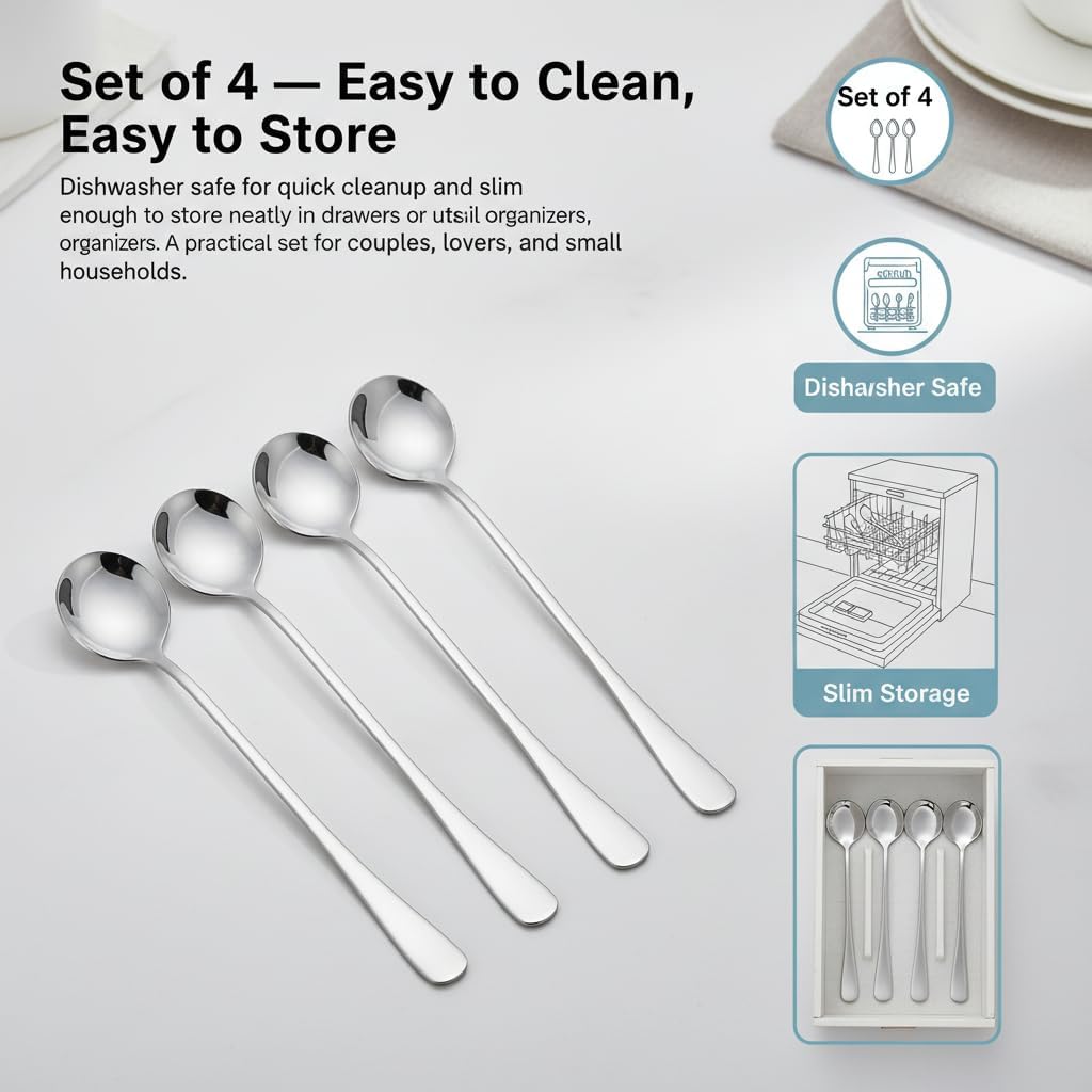 7.2-Inch Long Handle Coffee Spoons Set of 4, Stainless Steel Espresso Spoons & Stirring Spoons for Coffee Bar, Silver Metal Demitasse Spoons for Tall Latte Mugs, Iced Tea, Yogurt & Dessert