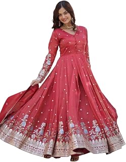 SHRI MADHU FASHION ReadyMade 비스코스 코스모스 포일 자수 Zari 시퀀스 작업 가운 듀파타 포함, 라이트 레드, XXL