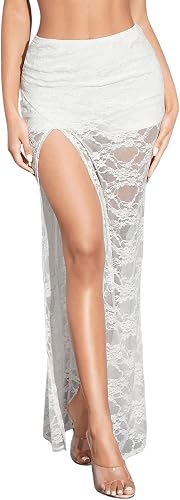 Verdusa Women's Floral Lace Long Skirt with Slit Sheer Low R
