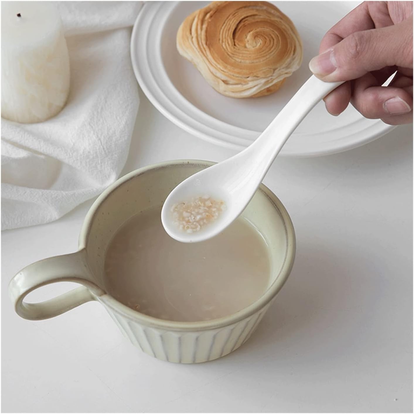 Soup Spoon Creative Household Ceramic Bowl Drinking Small Pink Dessert Ladle(White Large)