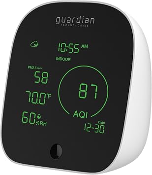 Guardian Technologies شاشة جودة الهواء الذكي ، تعرض PM 2.5 المستويات ، الرطوبة ، درجة الحرارة الداخلية والخارجية والمركبات العضوية المتطايرة في الوقت الحقيقي ، يتم التحكم في التطبيق ، Alexa و Google Enabled ، أسود / أبيض ، AQM101