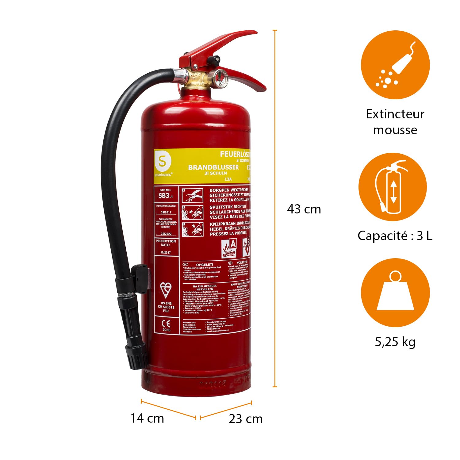 Smartwares Extincteur à Mousse - 3 L - pour Feux A&B - Adapté pour Bureaux et domiciles - Support Inclus - FEX-15230
