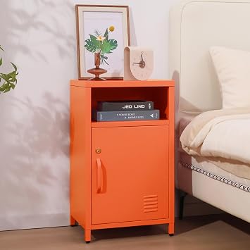 ALBAD Compact Metal Nightstand with Lockable Cabinet and Open Shelf, Modern Bedside Table, Versatile Side Table for Bedroom, Living Room, or Office Orange, 26" H-Lockable Door