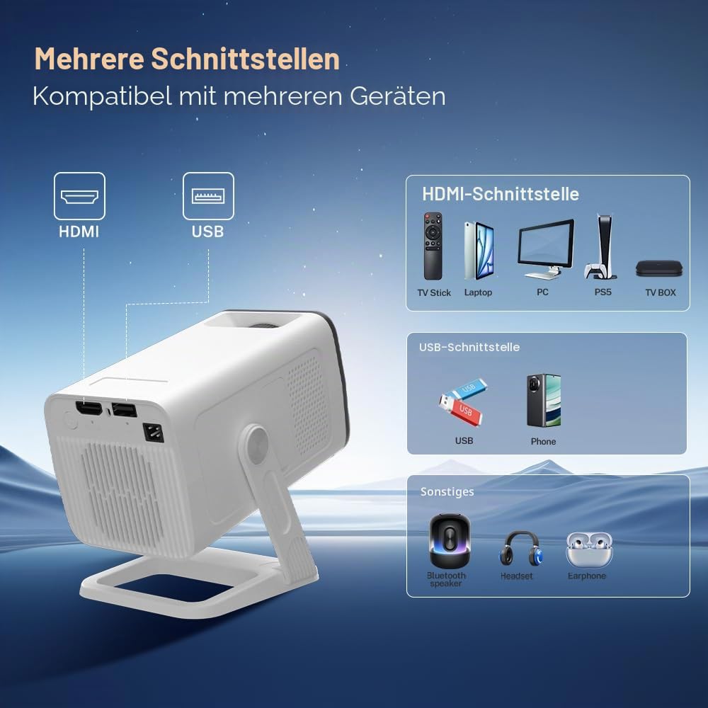 Mini Beamer 4K-Dekodierung, Android 14 & App per Fernbedienung, 720p nativ | Mobiler Klein Beamer mit Wi-Fi 6&Bluetooth 5.4, Auto-Trapezkorrektur, HDMI/USB-Kompatibilität, Smart Handy Projektor Weiß
