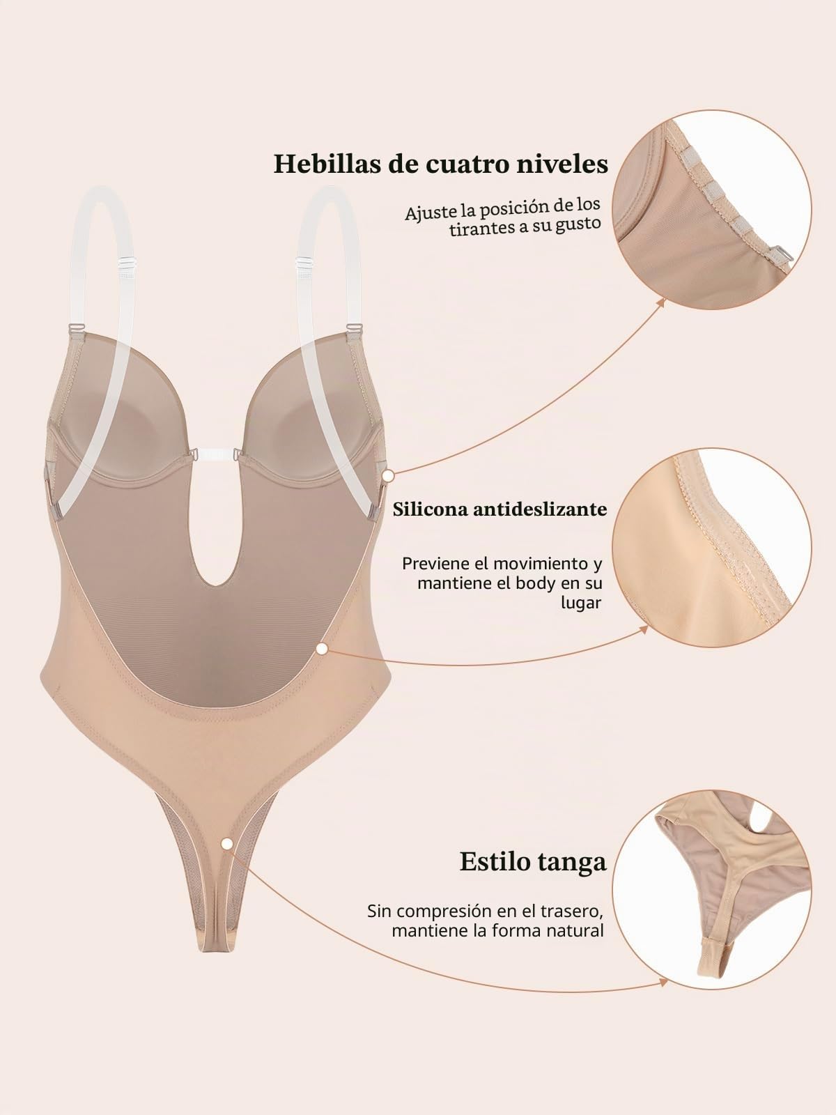 SHAPERIN Mujer Body Reductor con Sujetador Push Up Cuello en V Profundo Body Faja Tanga Sin Espalda Shapewear Bodysuit Sin Costuras