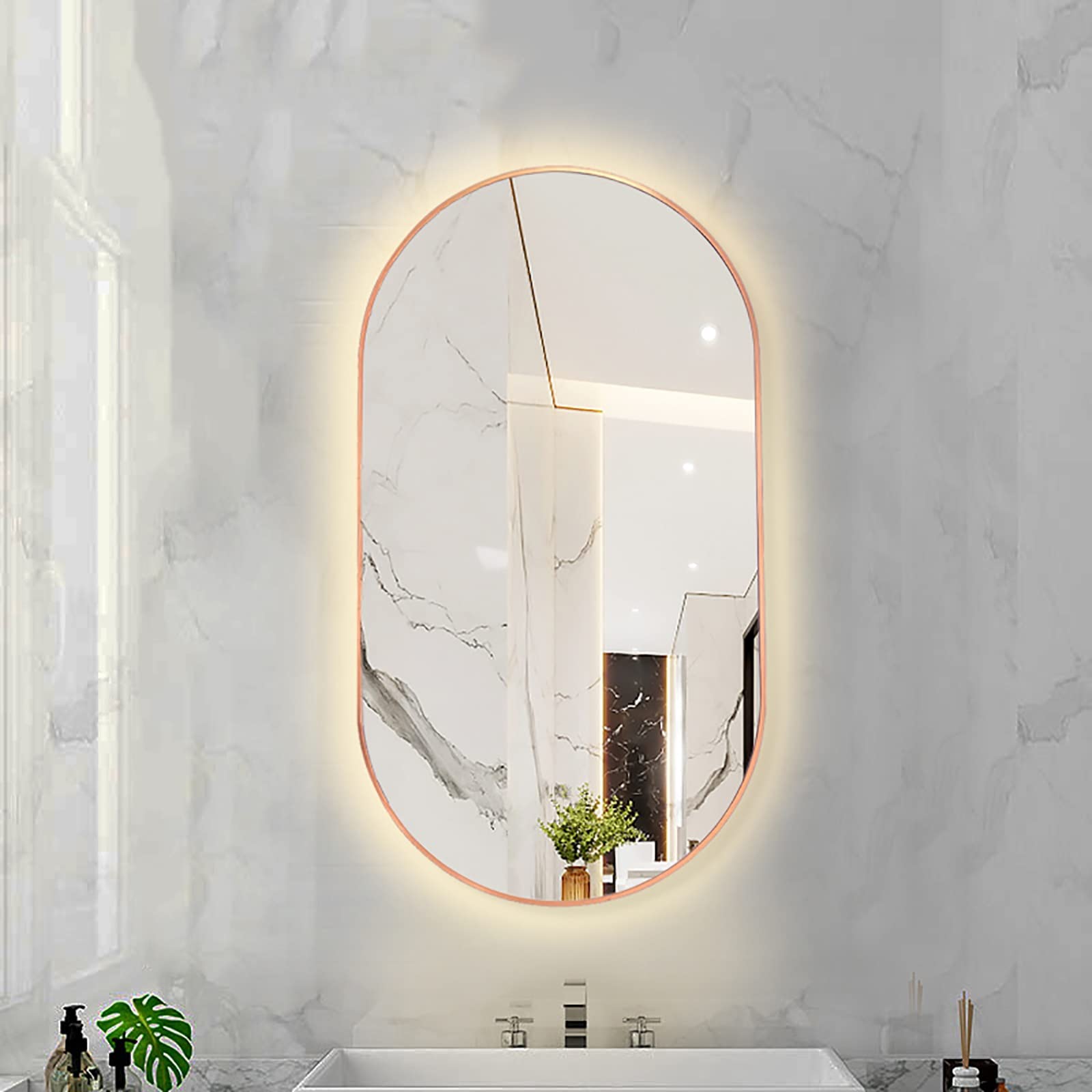 FGXHHS LED Oval with Metal Frame, Backlit Illuminated Lighted Wall Hanging Vanity for Bedroom Entryway (Color : Rose Gold - Warm Light, Size 40X70CM)