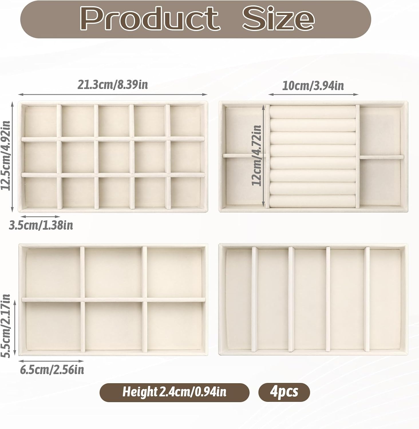 4 Pcs Stackable Jewelry Organizer Trays, 8 x 5 x 1 Inch Velvet Jewelry Trays Beige Jewellery Drawer Inserts Organizer Display Case Storage with Removable Dividers for Earring, Necklace, Rings