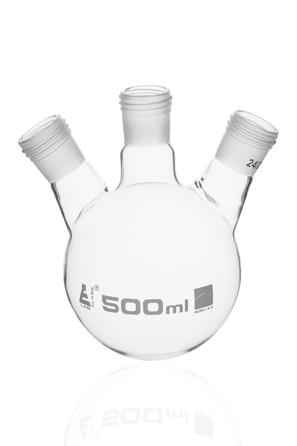 EISCO Distillation Flask with 3 Necks, 500ml - 24/29 Joint Size - Round Bottom, Interchangeable Screw Thread Joints - Borosilicate Glass