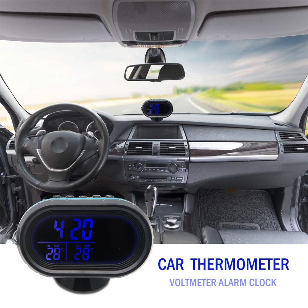 Riloer 12V Multi-Function car Cigarette Lighter LCD Clock, Indoor Outdoor Car LCD Digital Thermometer, Tempeure Meter Clock Probe Sensor