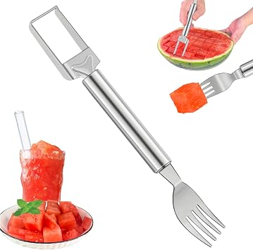 2-in-1 Watermelon Slicer & Fork Stainless Steel Fruit Cutter Tool for Watermelon, Mango, Pitaya Portable for Camping, Picnics, Home, Parties Effortless Cubes & No Mess