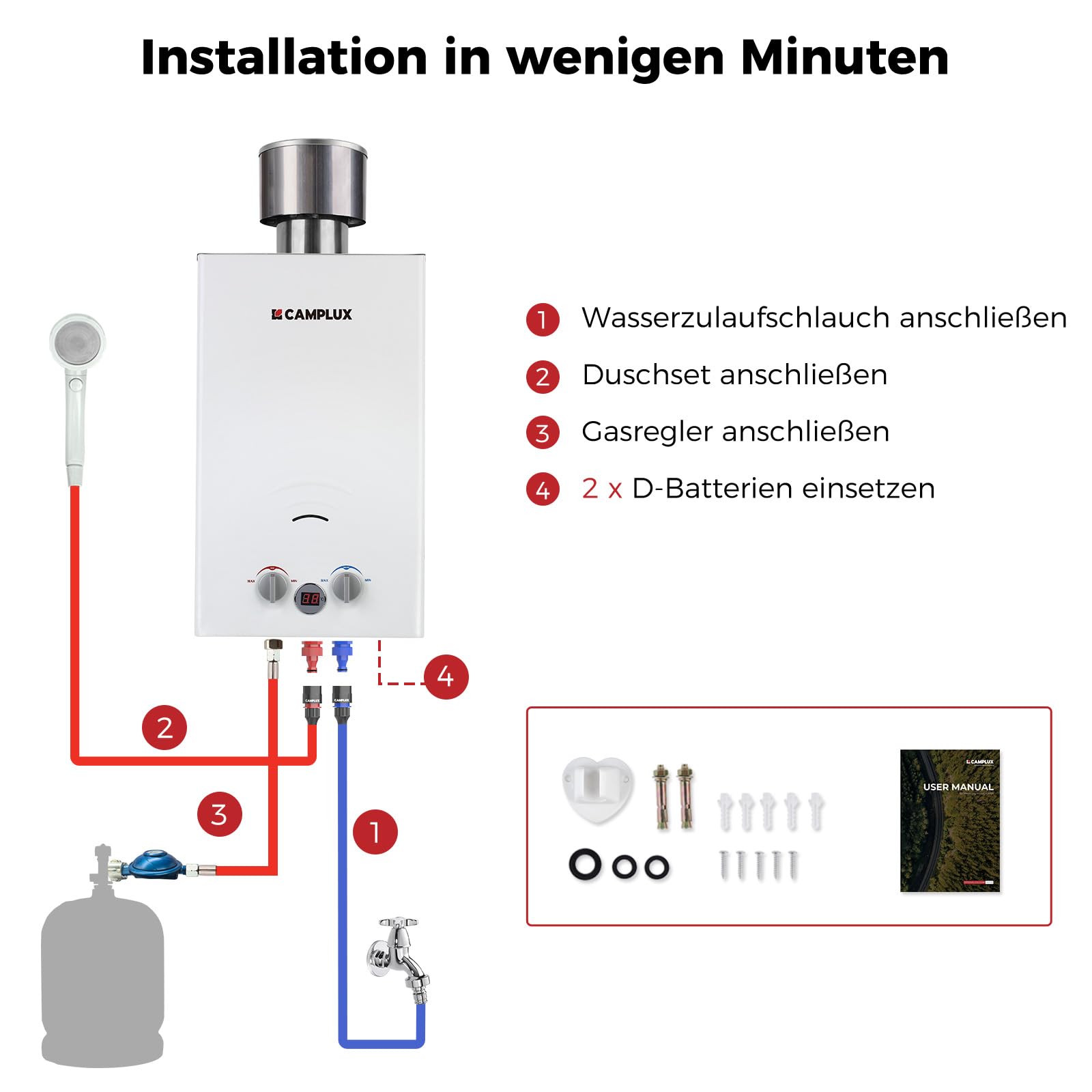 CAMPLUX BW264C-DE 10 Liter Gasdurchlauferhitzer mit Regenkappe, 50mbar Tankless Outdoor-Instant-Gasdusche für Pferd Waschen Camping RV Reise