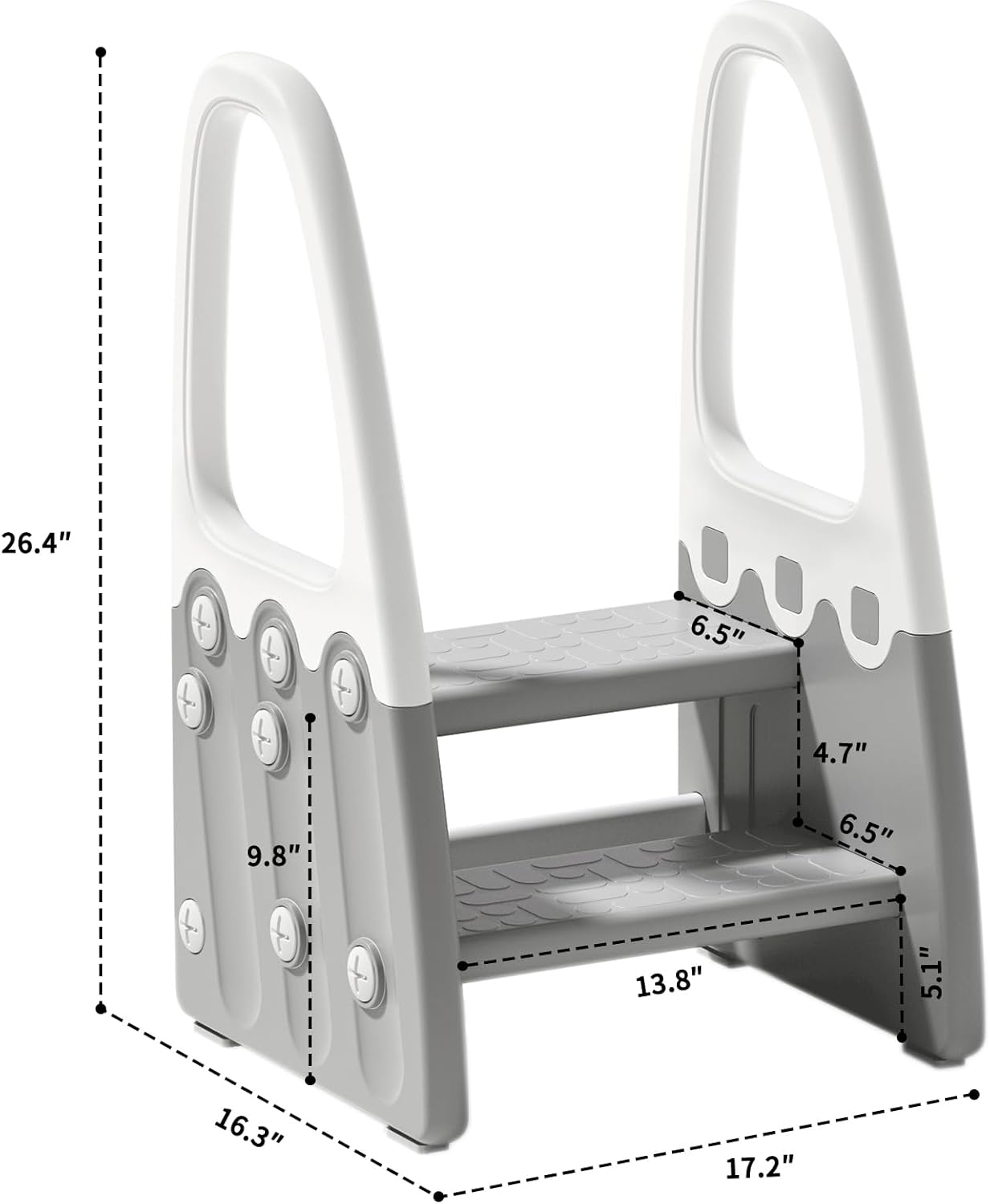 Toddler using the Mangohood two-step stool for toilet training, with feature callouts.