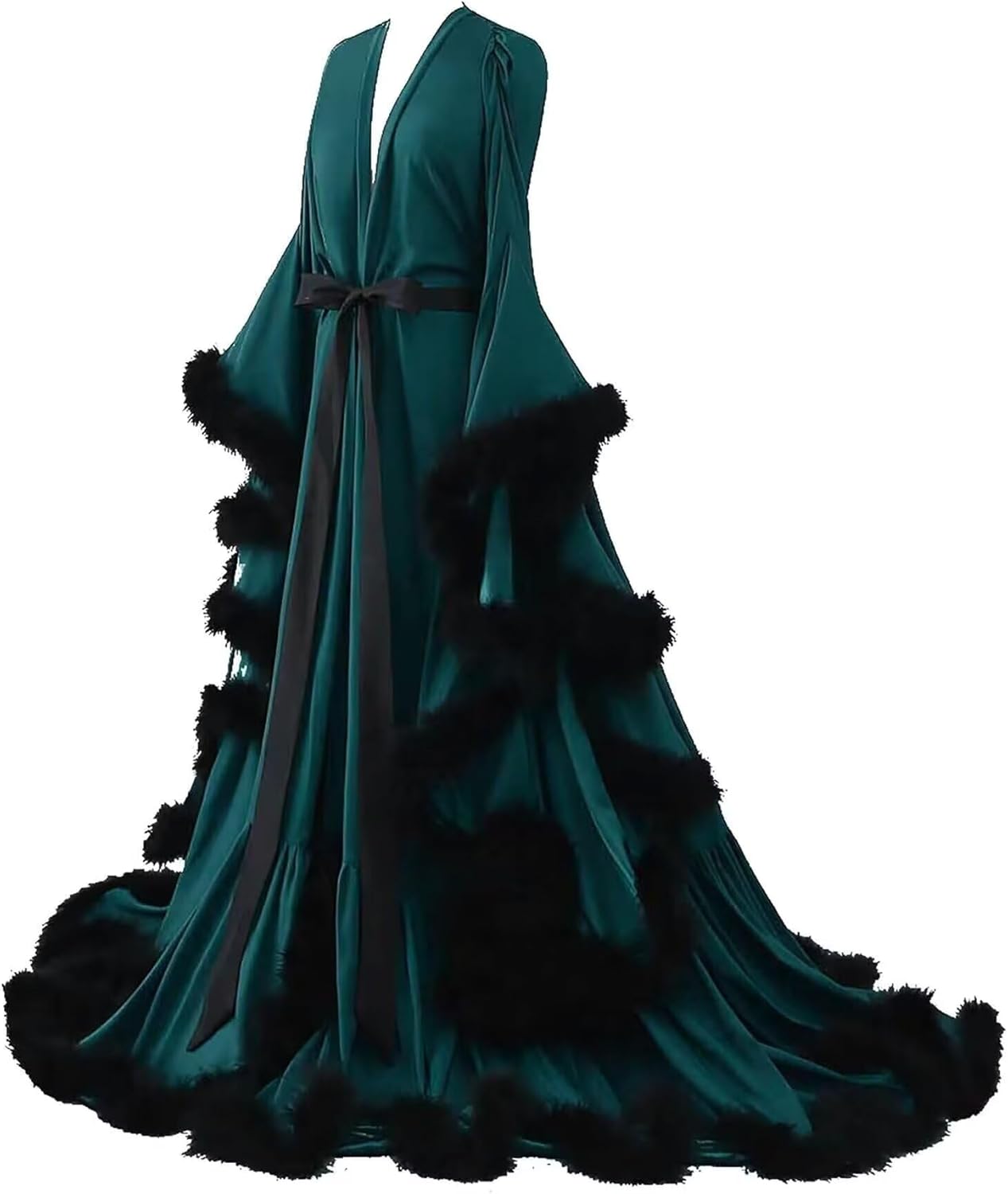 Feather Silk Satin Bridal Robe Long Wedding Scarf Illusion Bathrobe Sleepwear for Women Sexy Lingerie Nightgown