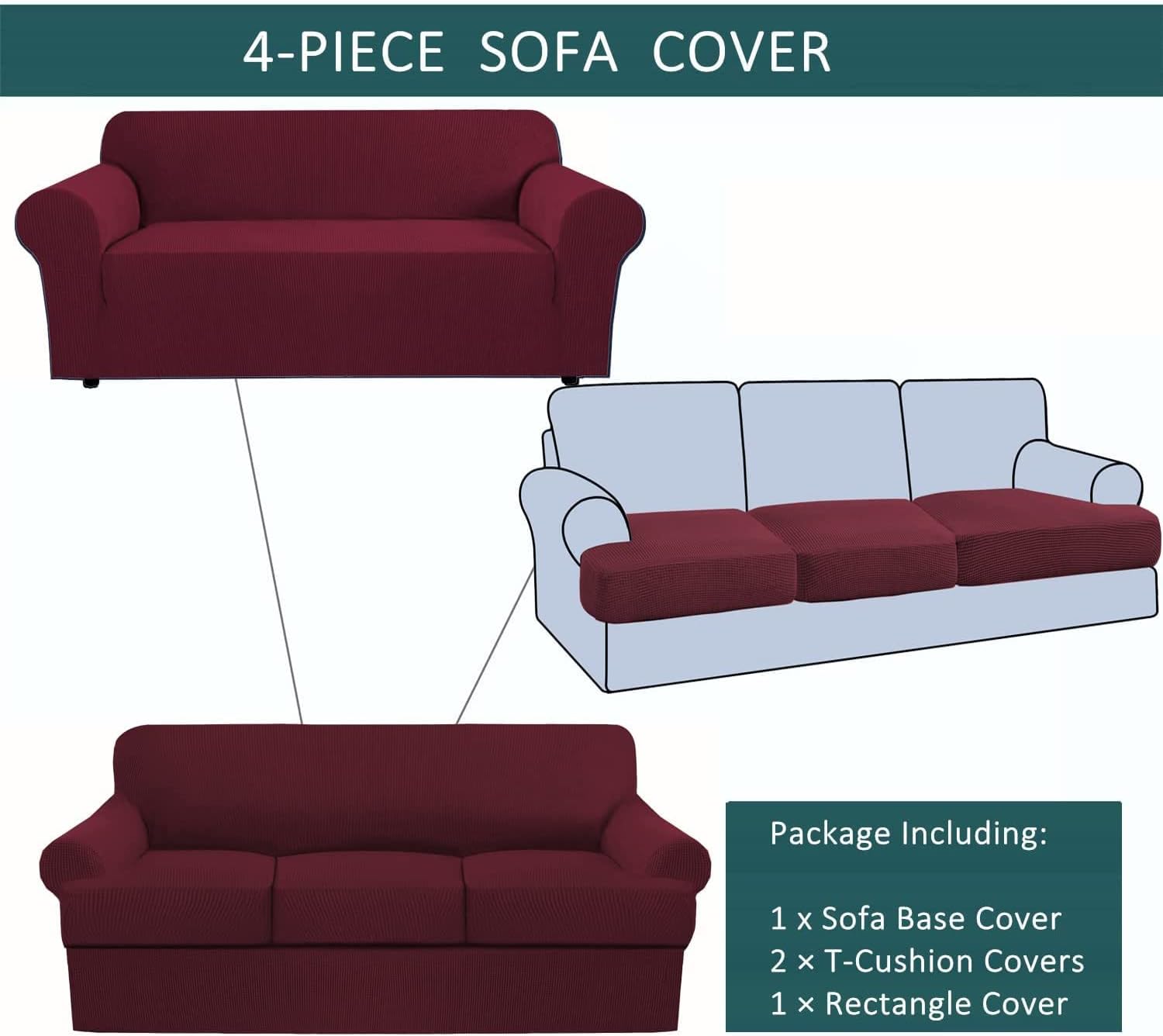 Stretch Sofa Cover Soft Couch Cover with 3 Individual T Cushion Seat Covers, Non-Slip Sofa Slipcovers Jacquard Knitted Sofa Bed Covers for Living Room (Color : Wine Red)