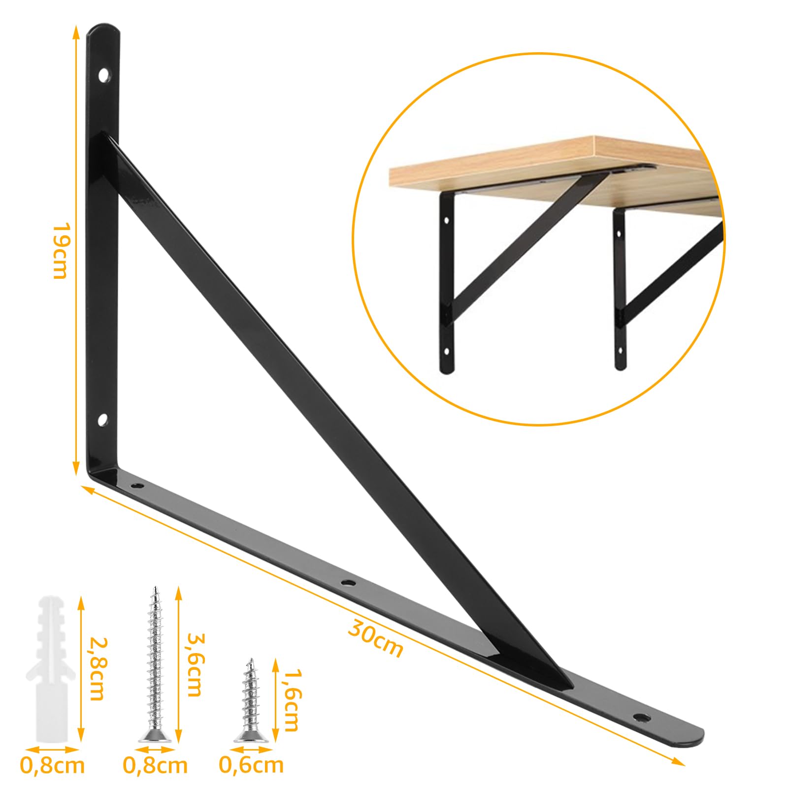 12 supporti per scaffali, 300 x 190 mm, in metallo, colore nero, per console con carichi pesanti