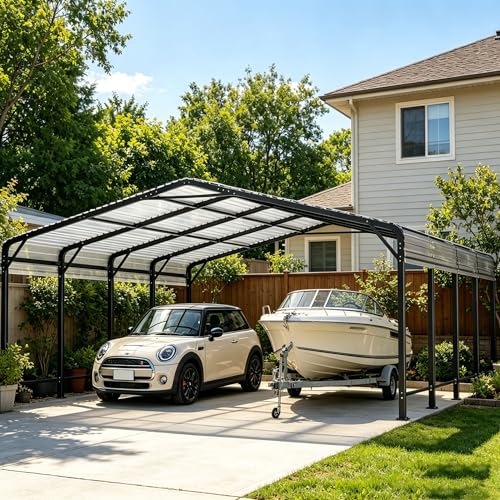 Image of AirWire 20x20 FT Metal Carport with Heavy Duty Carport Canopy, Car Port with Reinforced Base and Five Canopy Beams, 2 Car Garage Shelter for Car, Boats and Truck