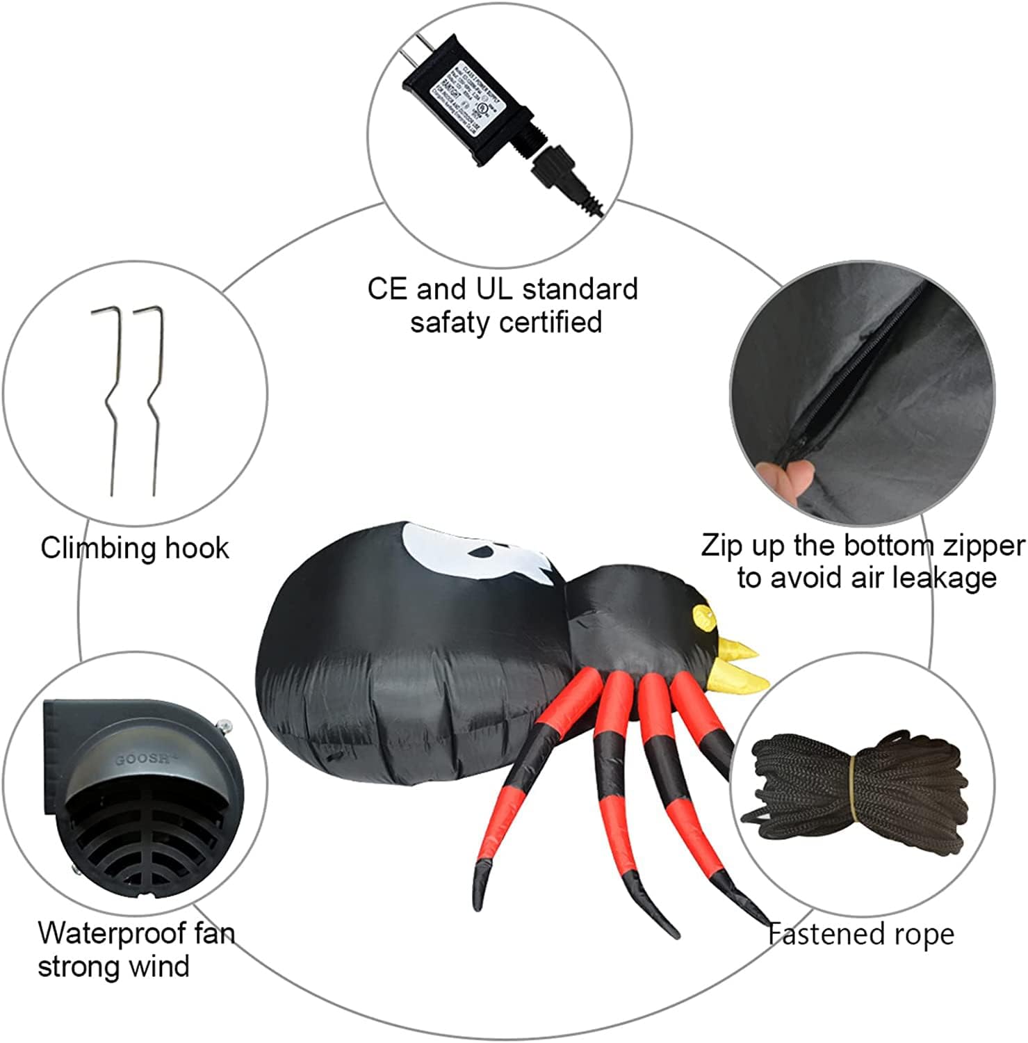 GOOSH 6 FT Width Halloween Inflatable Spider Giant Crawling Spider with Built-in LED Flame Lights Blow Up Outdoor Halloween Inflatables for Yard Lawn Garden Decor