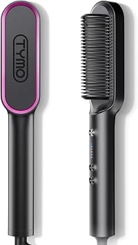 TYMO Ceramic RING Curly Hair Silky Straightening Brush with 20s Fast Heating, 5 Thermostatic Level Hot Hair Straightener Combs, 30 Minute Auto-Off & 110V-240V, Black