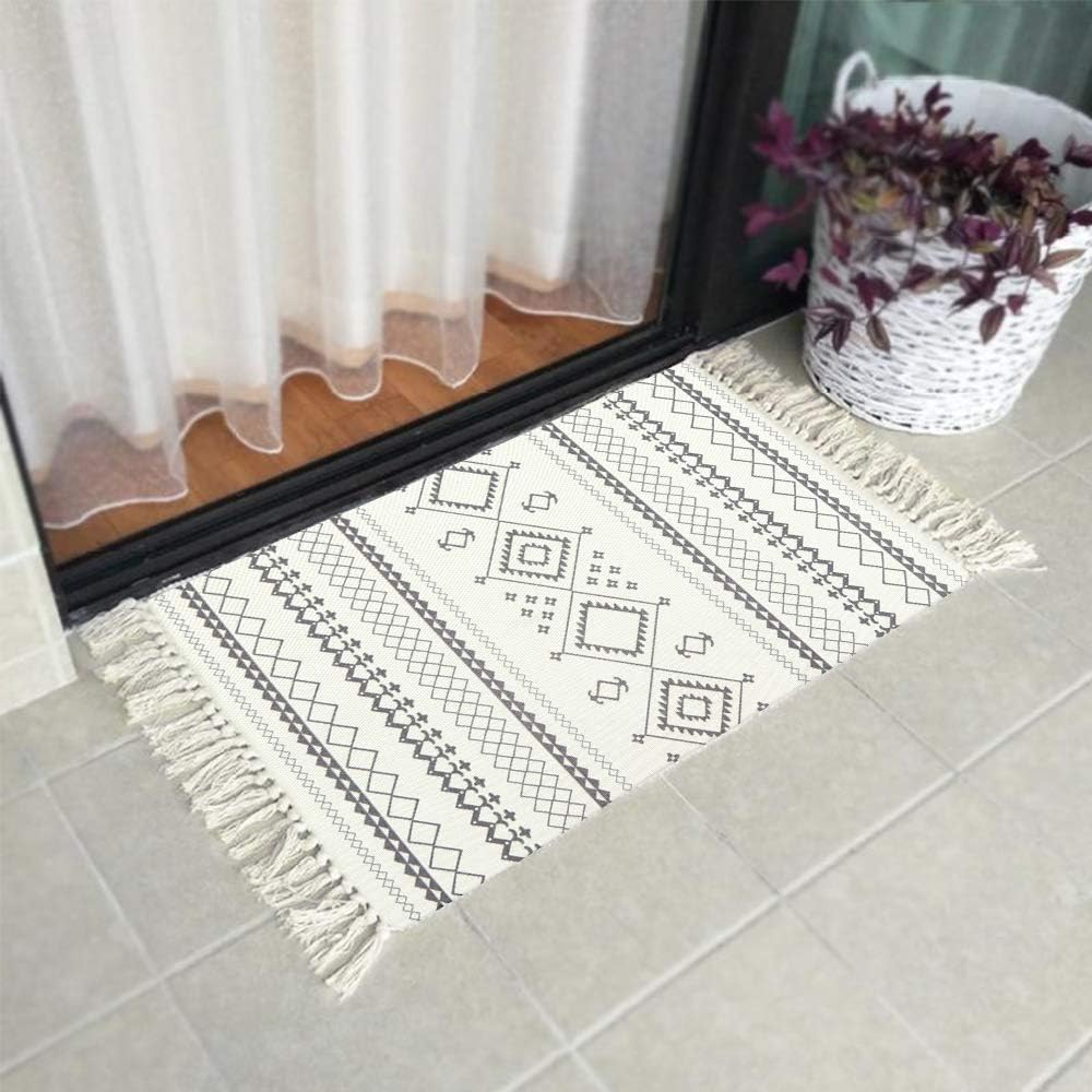 LEEVAN Moroccan Cotton Area Rug,Hand Woven Cream Chic Diamond Print Tassels Throw Rugs Door Mat,Indoor Area Rugs for Bathroom,Bedroom,Living Room,Laundry Room, 2 ft x 3 ft