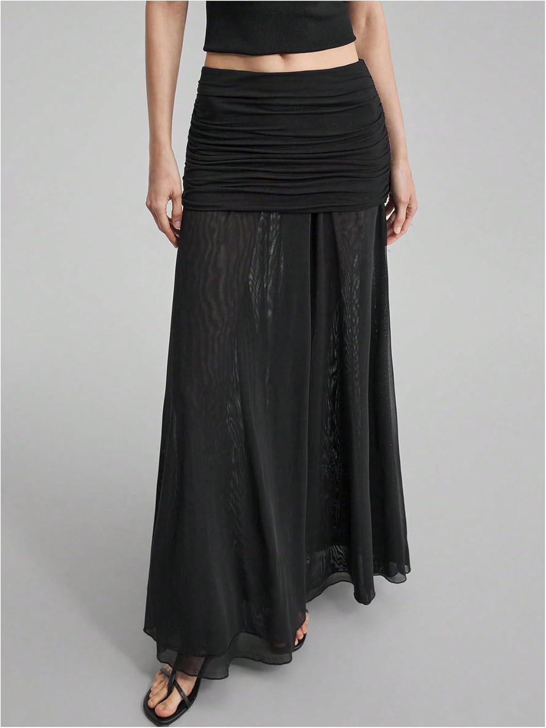 Verdusa Women's Maxi Skirts Ruched Mesh Sheer Long Skirt Ruffle Flowy Brunch Going Out Outfits - Image 3