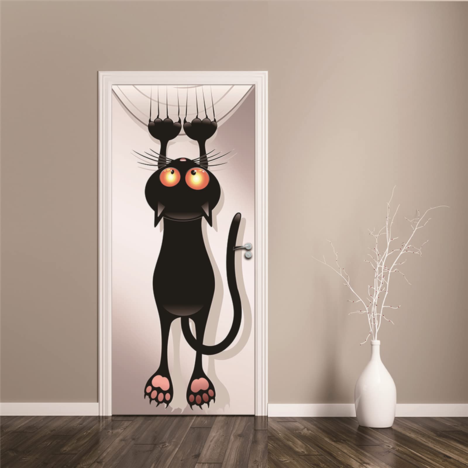 Sticker porte effet trompe-l'œil chat pour créer une ambiance cosy en chambre