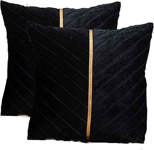 Miniatura 2 de Fundas de almohada de terciopelo negro de 18 x 18 pulgadas con cuero dorado, paquete de 2, fundas decorativas cuadradas de lujo modernas para