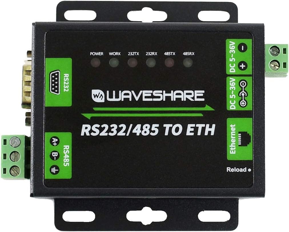 Vrh view of Waveshare RS232/RS485 to Ethernet Converter showing ports and LED indicators