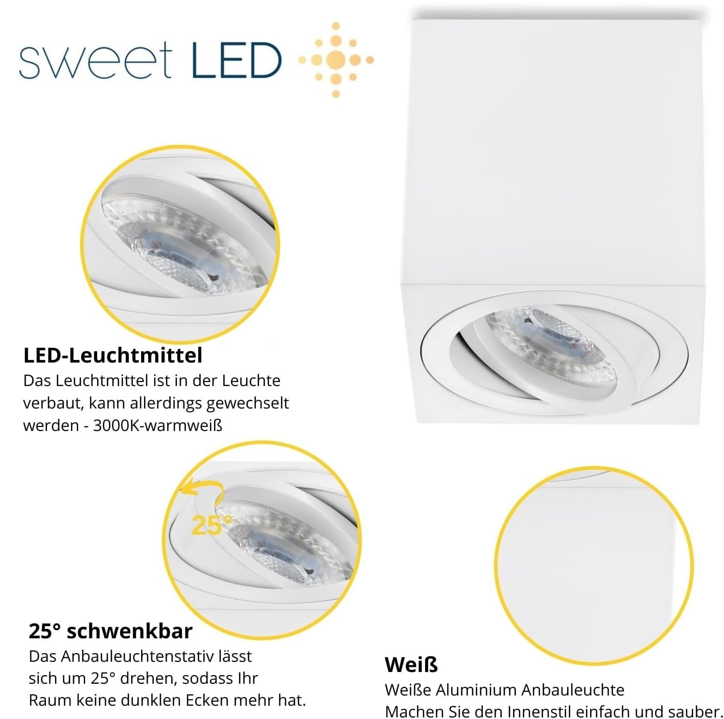 Sweet Led Aufbaustrahler aus Aluminium - 4x Deckenspots 7W 3000K warmweiß - LED Aufbauspot weiß matt Eckig - Aufbauspot GU10 80x80x84 mm - Aufputz 230V schwenkbar