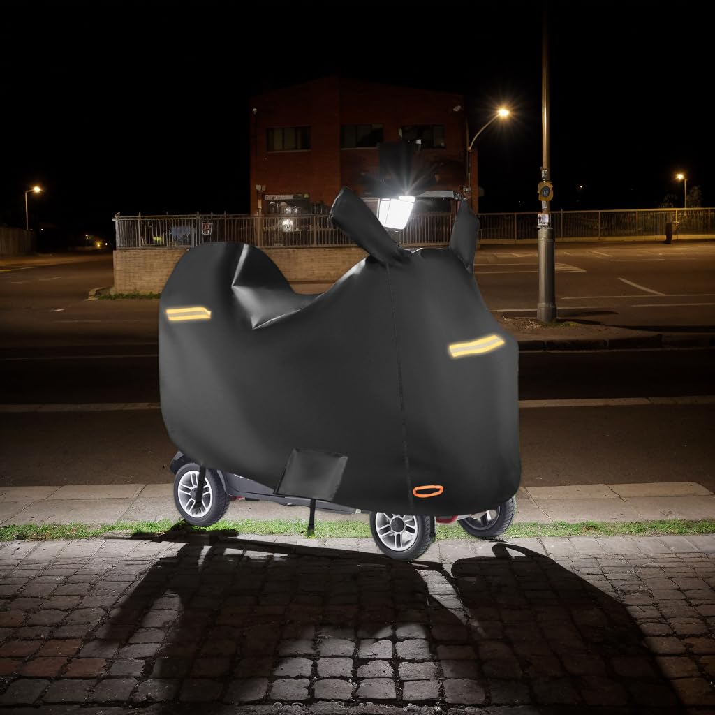 Fundas para scooter de movilidad para almacenamiento exterior, cubierta impermeable para scooter de movilidad 420D, capucha de espejo retrovisor, tiras reflectantes, hebillas resistentes al viento y