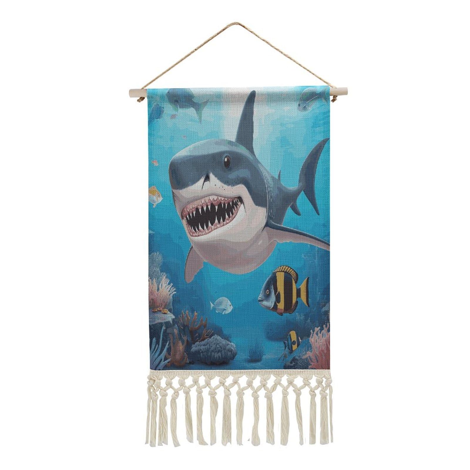 Adfgyerh Style Shark Ocean Theme Tapestry With Tassels Cotton And Linen Hanging Posters, Wall Art For Travel Gift, Wall Tapestry For Office Home Decor Bedroom Living Room Decor