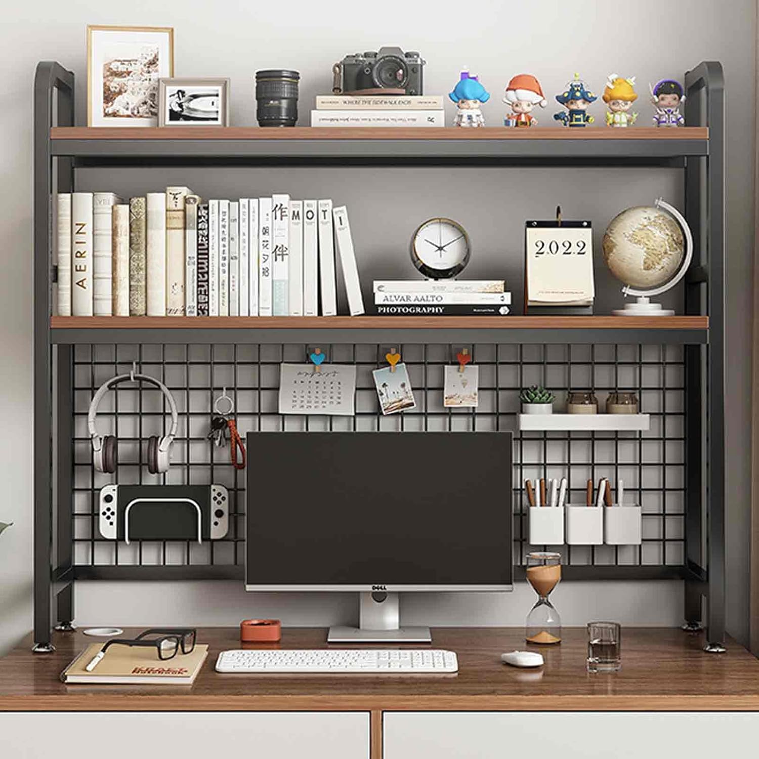 Ladder Bookcase for Computer Desk, Dorm Room Desk Hutch, MDF + Steel Frame Material, Desktop Storage Rack, DIY Storage, L55/ 75/95 Cm, 95*32cm Original Oak