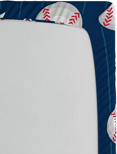 Miniatura 3 de Ambesonne Sábana bajera deportiva, patrones de béisbol sobre fondo de rayas verticales, diseño de estrellas, ropa de cama de tela decorativa suave,