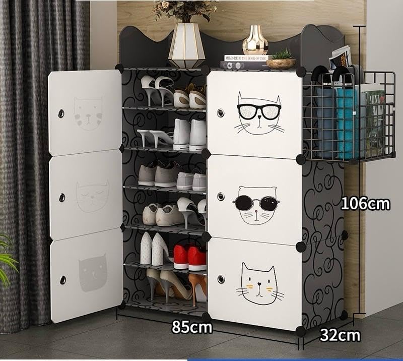 Image of Plastic Shoe Rack for Home | ๐๐ ๐๐ก๐๐ฅ๐ DIY Shoe Rack with Door Magnets for Home Storage Plastic Box Organizer, Metal Door Frame, Chappal Slipper Sandals Stand (Black-6-Door, X5)