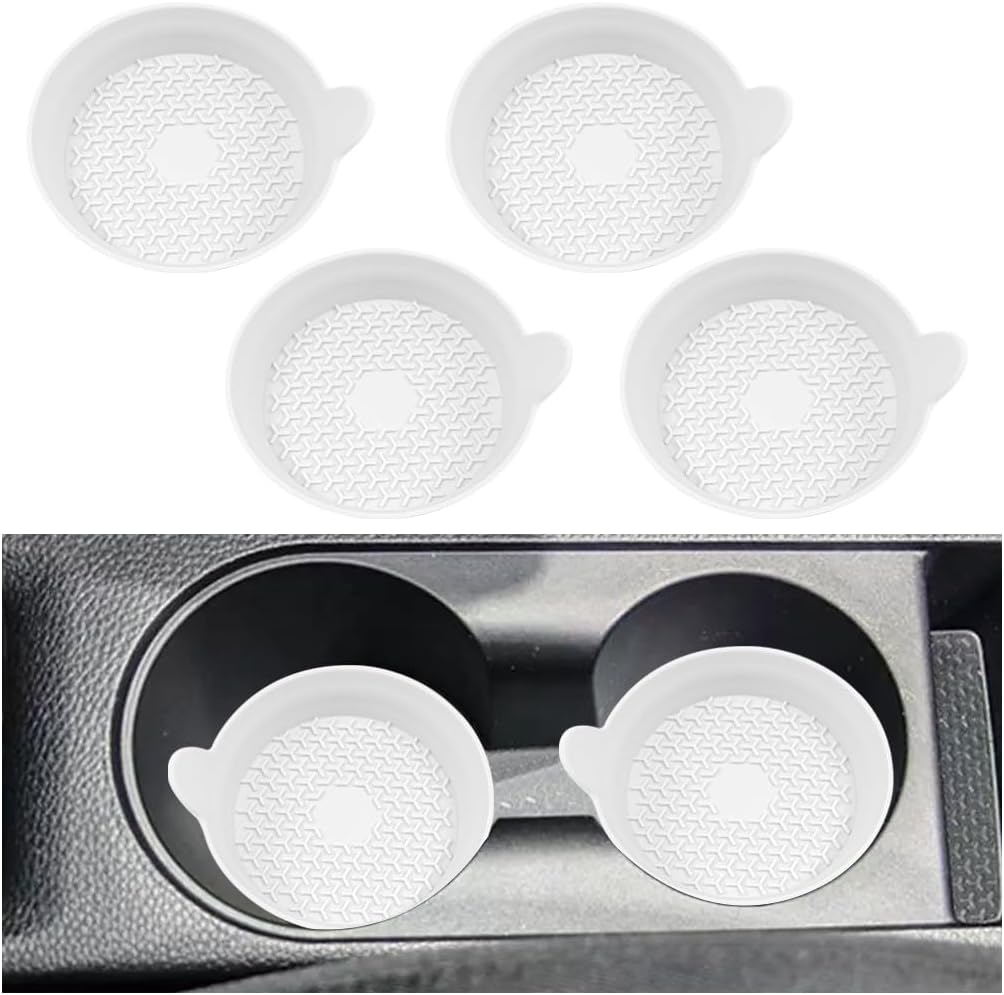 4PCS Car Cup Holder Coaster, Anti-Slip Dustproof Silicone Insert Vehicle Interior Drink Mat, Shockproof Automotive Water Bottle Holder Pad, Universal for Truck SUV Van (White)