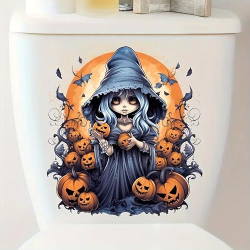 Witch Pumpkin Toilet Cover Sticker Decals,Flower leaf bird Waterproof Toilet Lid Tank Seat Decals Cistern Self-Adhesive Bathroom Wall Sticker