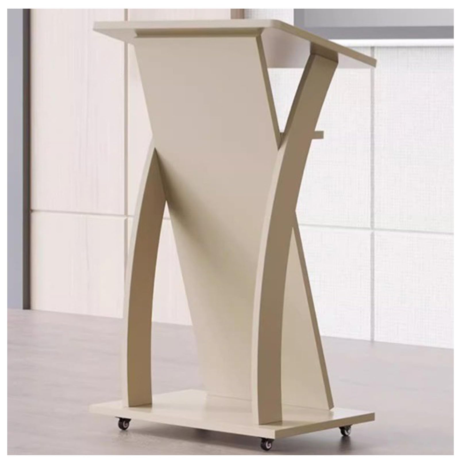 Solución móvil en madera para conferencias y atril flexible